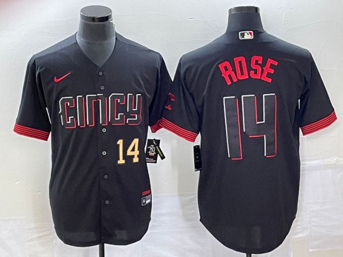 Pete Rose Men's Cincinnati Reds #14 Number 2023 City Connect Cool Base Stitched Jersey 1 - Black