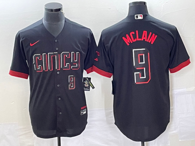 Matt McLain Men's Cincinnati Reds #9 Number 2023 City Connect Cool Base Stitched Jersey 2 - Black