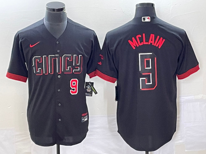 Matt McLain Men's Cincinnati Reds #9 Number 2023 City Connect Cool Base Stitched Jersey 1 - Black