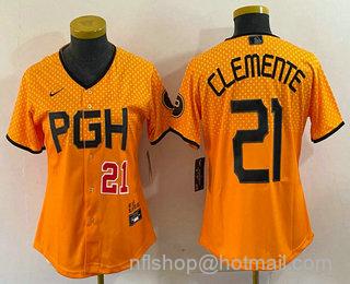 Roberto Clemente Women's Pittsburgh Pirates #21 Number 2023 City Connect Stitched Jersey1 - Yellow