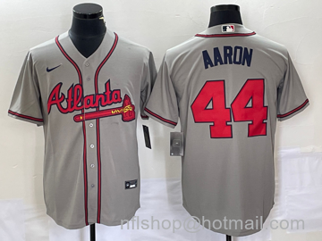 Hank Aaron Men's Atlanta Braves #44 Stitched Cool Base Nike Jersey - Grey