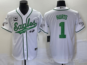 Jalen Hurts Men's Philadelphia Eagles #1 C Patch Cool Base Stitched Baseball Jersey1 - White