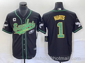 Jalen Hurts Men's Philadelphia Eagles #1 With C Patch Cool Base Stitched Baseball Jersey - Black