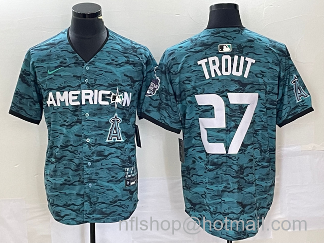 Mike Trout Men's Los Angeles Angels #27 2023 All Star Cool Base Stitched Jersey1 - Teal