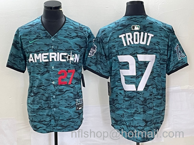 Mike Trout Men's Los Angeles Angels #27 2023 All Star Cool Base Stitched Jersey - Number Teal