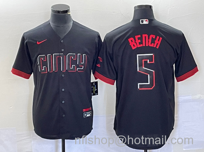 Johnny Bench Men's Cincinnati Reds #5 2023 City Connect Cool Base Stitched Baseball Jersey - Black