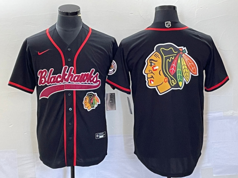 Men's Chicago Blackhawks Blank Team Big Logo Cool Base Stitched Baseball Jerseys - Black