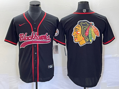 Men's Chicago Blackhawks Blank Team Big Logo Cool Base Stitched Baseball Jersey - Black