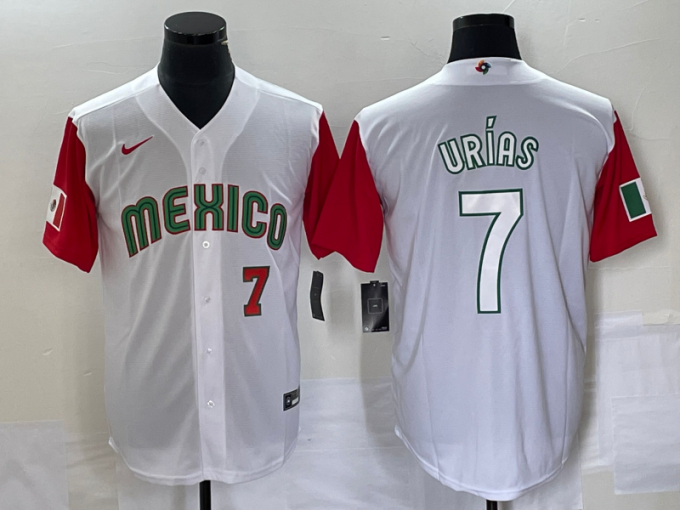 Julio Urias Men's Mexico Baseball #7 Number 2023 World Classic Stitched Jersey 35 - White Red