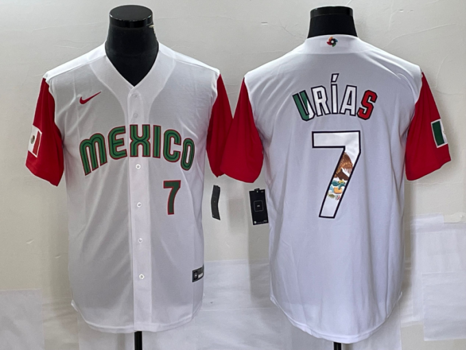 Julio Urias Men's Mexico Baseball #7 Number 2023 World Classic Stitched Jersey8 - White Red