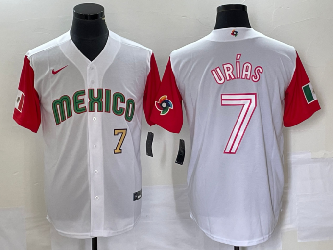 Julio Urias Men's Mexico Baseball #7 Number 2023 World Classic Stitched Jersey 43 - White Red