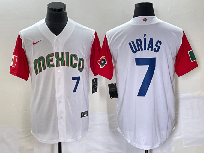 Julio Urias Men's Mexico Baseball #7 Number 2023 World Classic Stitched Jersey1 - White Red