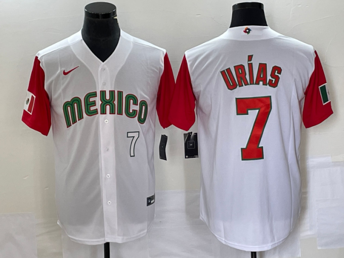 Julio Urias Men's Mexico Baseball #7 Number 2023 World Classic Stitched Jersey20 - White Red