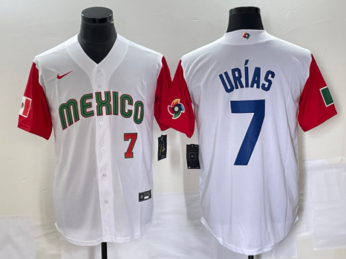 Julio Urias Men's Mexico Baseball #7 Number 2023 World Classic Stitched Jersey3 - White Red