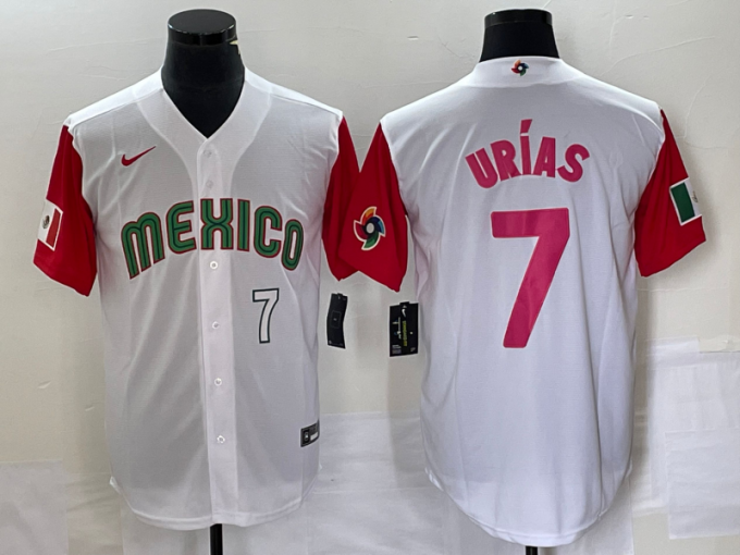 Julio Urias Men's Mexico Baseball #7 Number 2023 World Classic Stitched Jersey25 - White Red