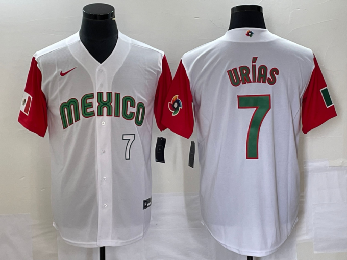 Julio Urias Men's Mexico Baseball #7 Number 2023 World Classic Stitched Jersey54 - White Red