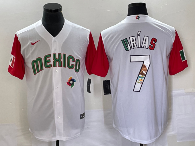 Julio Urias Men's Mexico Baseball #7 Number 2023 World Classic Stitched Jersey 15 - White Red