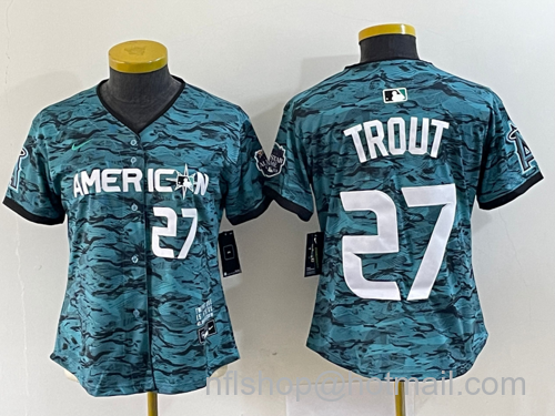 Mike Trout Women's Los Angeles Angels #27 2023 All Star Cool Base Stitched Jersey - Number Teal