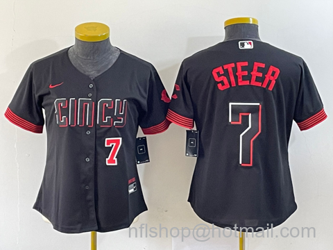 Spencer Steer Women's Cincinnati Reds #7 Numer 2023 City Connect Cool Base Stitched Baseball Jersey1 - Black