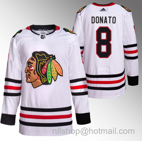 Ryan Donato Men's Chicago Blackhawks #8 White Stitched Hockey Jersey - Black