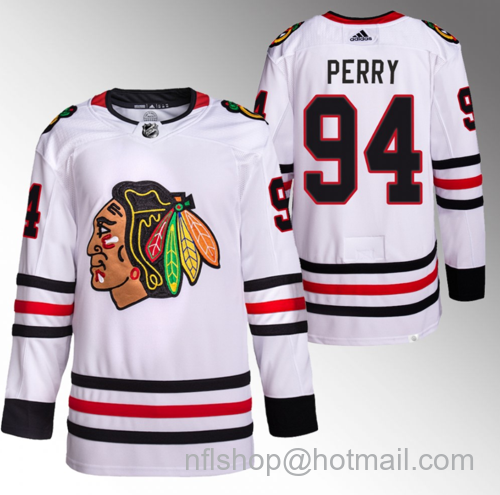 Corey Perry Men's Chicago Blackhawks #94 White Stitched Hockey Jersey - Black