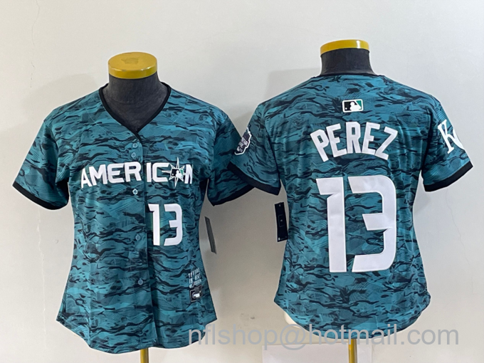 Women's Kansas City Royals #13 Salvador Perez Teal 2023 All Star Cool Base With Patch Stitched Baseball Jersey