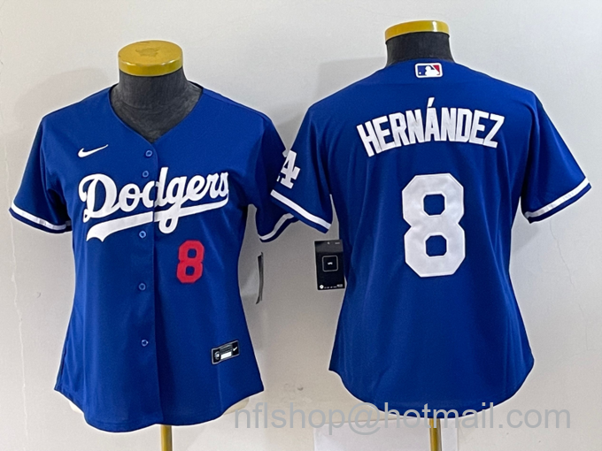 Women's Los Angeles Dodgers #8 Kike Hernandez Number Blue Stitched Cool Base Nike Jersey