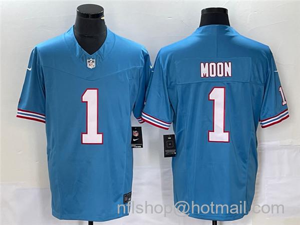 Men's Tennessee Titans #1 Warren Moon Light Blue 2023 F.U.S.E. Vapor Limited Throwback Stitched Football Jersey