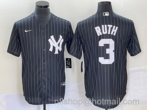 Babe Ruth Men's New York Yankees #3 Pinstripe Cool Base Stitched Baseball Jersey - Black