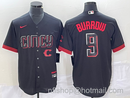 Joe Burrow Men's Cincinnati Reds #9 2023 City Connect Cool Base Stitched Baseball Jersey1 - Black