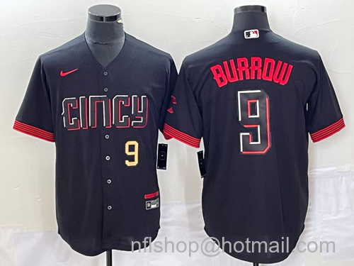 Joe Burrow Men's Cincinnati Reds #9 2023 City Connect Cool Base Stitched Baseball Jersey1 - Number Black