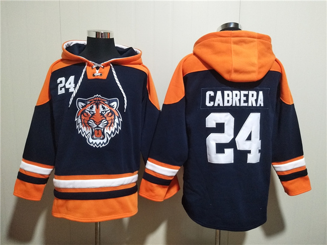 Men's Detroit Tigers #24 Miguel Cabrera Navy Orange Lace-Up Pullover Hoodie