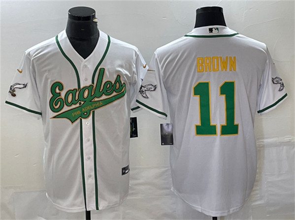 Men's Philadelphia Eagles #11 A. J. Brown White Gold Cool Base Baseball Stitched Jersey