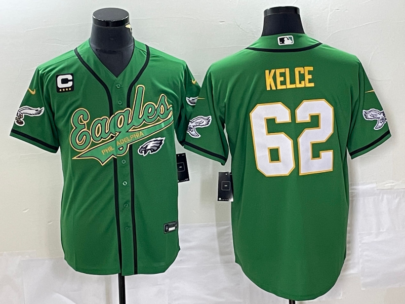 Men's Philadelphia Eagles #62 Jason Kelce Green Gold C Patch Cool Base Stitched Baseball Jersey