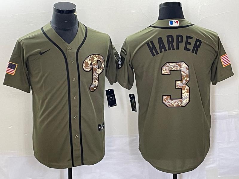 Men's Philadelphia Phillies #3 Bryce Harper Green Salute to Service Cool Base Stitched Nike Jersey