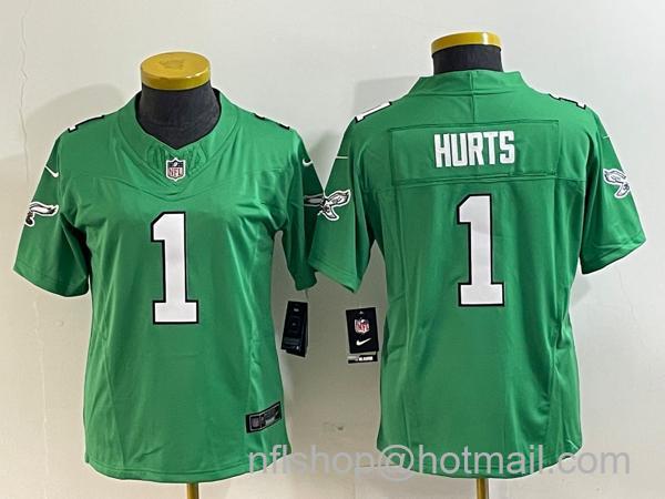 Women's Philadelphia Eagles #1 Jalen Hurts Green 2023 F.U.S.E. Stitched Football Jersey(Run Small)