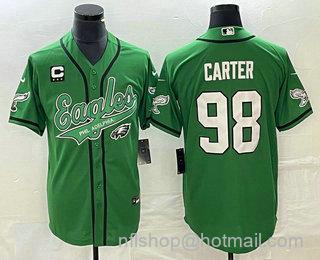 Men's Philadelphia Eagles #98 Jalen Carter Green C Patch Cool Base Stitched Baseball Jersey