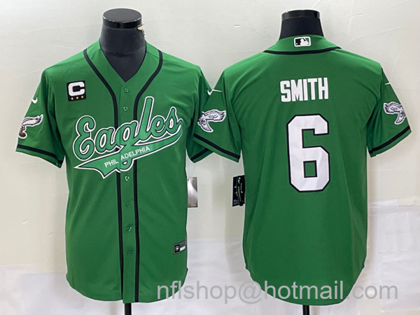 Men's Philadelphia Eagles #6 DeVonta Smith Green C Patch Cool Base Stitched Baseball Jersey