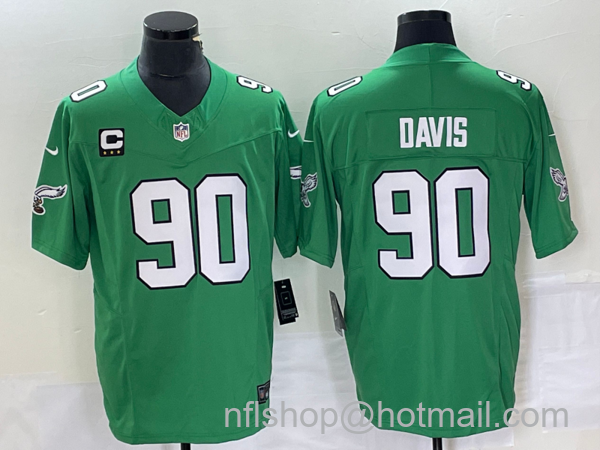 Men's Philadelphia Eagles #90 Jordan Davis Green C Patch 2023 FUSE Vapor Limited Throwback Stitched Jersey