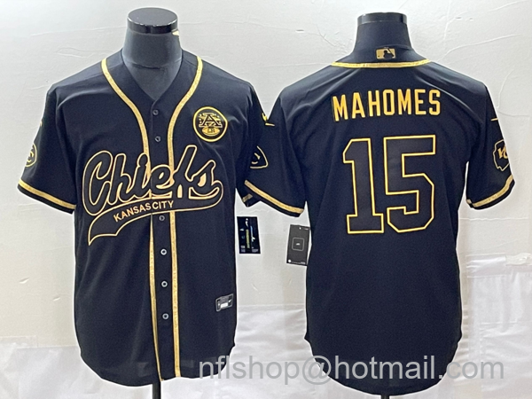 Men's Kansas City Chiefs #15 Patrick Mahomes Black Gold Super Bowl LVII Cool Base Stitched Baseball Jersey