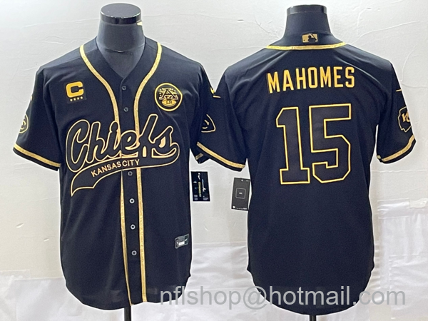 Men's Kansas City Chiefs #15 Patrick Mahomes Black Gold C Patch Cool Base Stitched Baseball Jersey