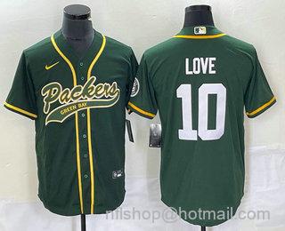 Men's Green Bay Packers #10 Jordan Love Green With Patch Cool Base Stitched Baseball Jersey