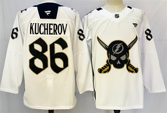 Men's Tampa Bay Lightning #86 Nikita Kucherov 2024-25 White Gasparilla inspired Pirate-themed Warmup Stitched Jersey