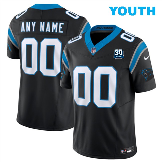 Youth Custom Carolina Panthers Black 2024 30th Anniversary Patch F.U.S.E. Vapor Limited Stitched Football Jersey