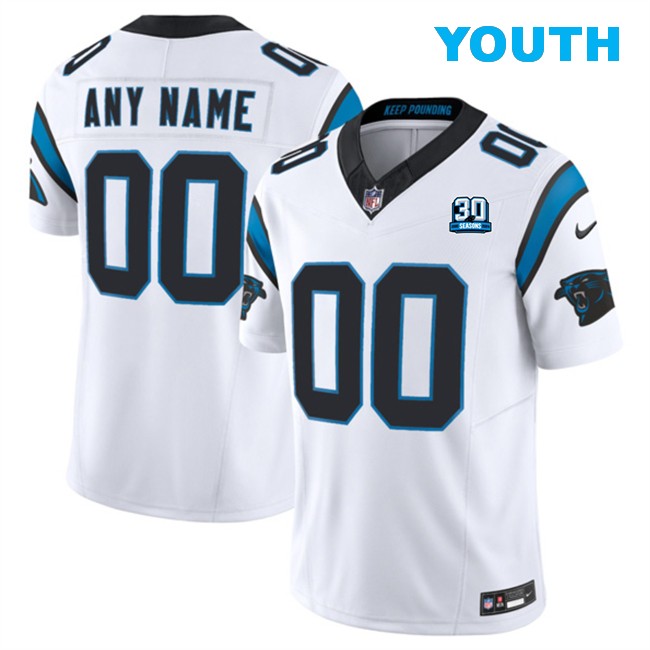 Youth Custom Carolina Panthers White 2024 30th Anniversary Patch F.U.S.E. Vapor Limited Stitched Football Jersey