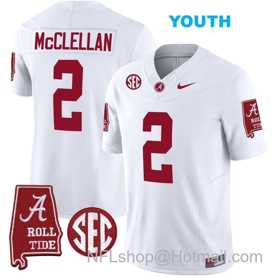 Nike Youth Jase McClellan Jersey #2 Alabama Crimson Tide Vapor Limited Football Alabama Map White