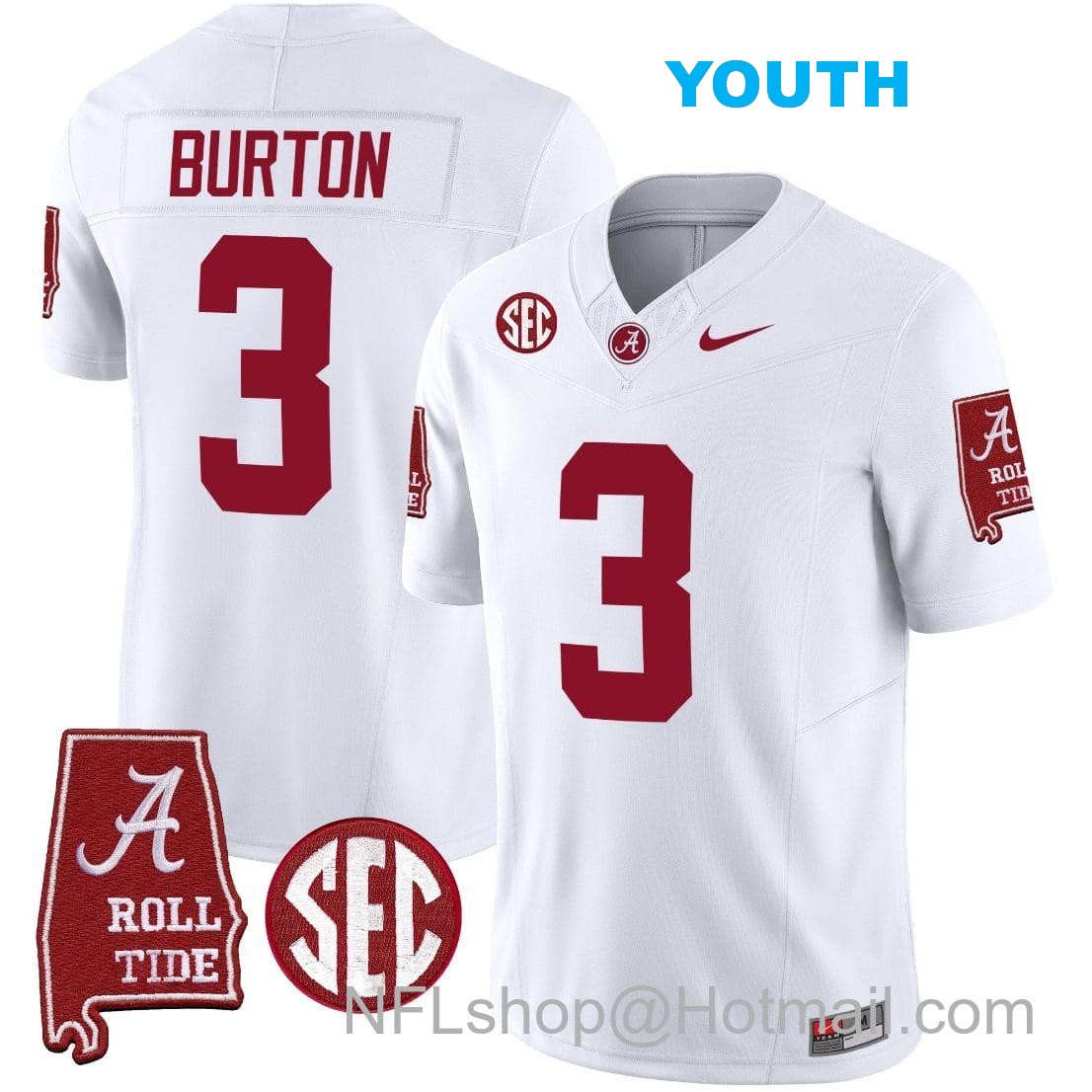 Nike Youth Jermaine Burton Jersey #3 Alabama Crimson Tide Vapor Limited Football Alabama Map White