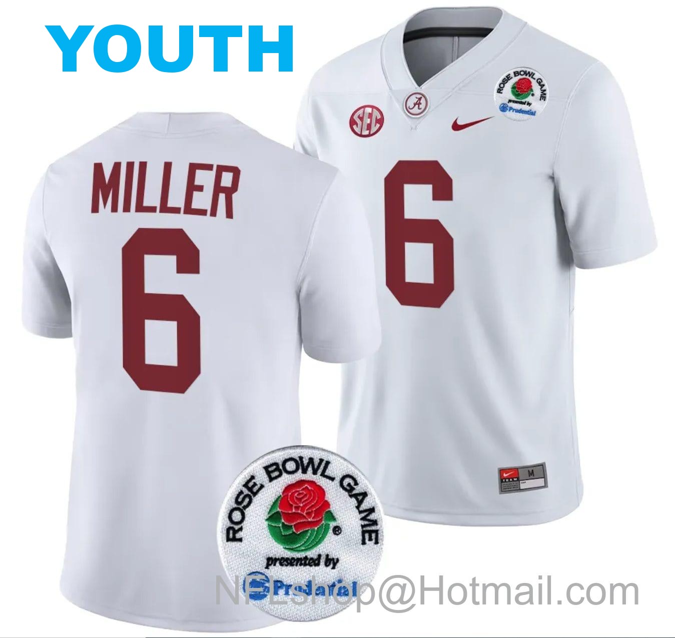 Nike Youth Jam Miller Jersey #6 Alabama Crimson Tide Rose Bowl Game 2024 Patch College Football Playoff White