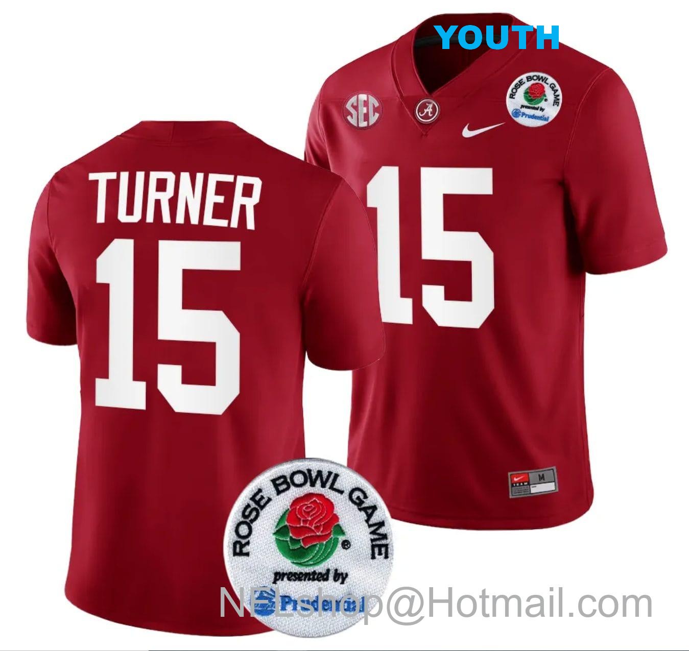 Nike Youth Dallas Turner Jersey #15 Alabama Crimson Tide Rose Bowl Game 2024 Patch College Football Playoff Crimson