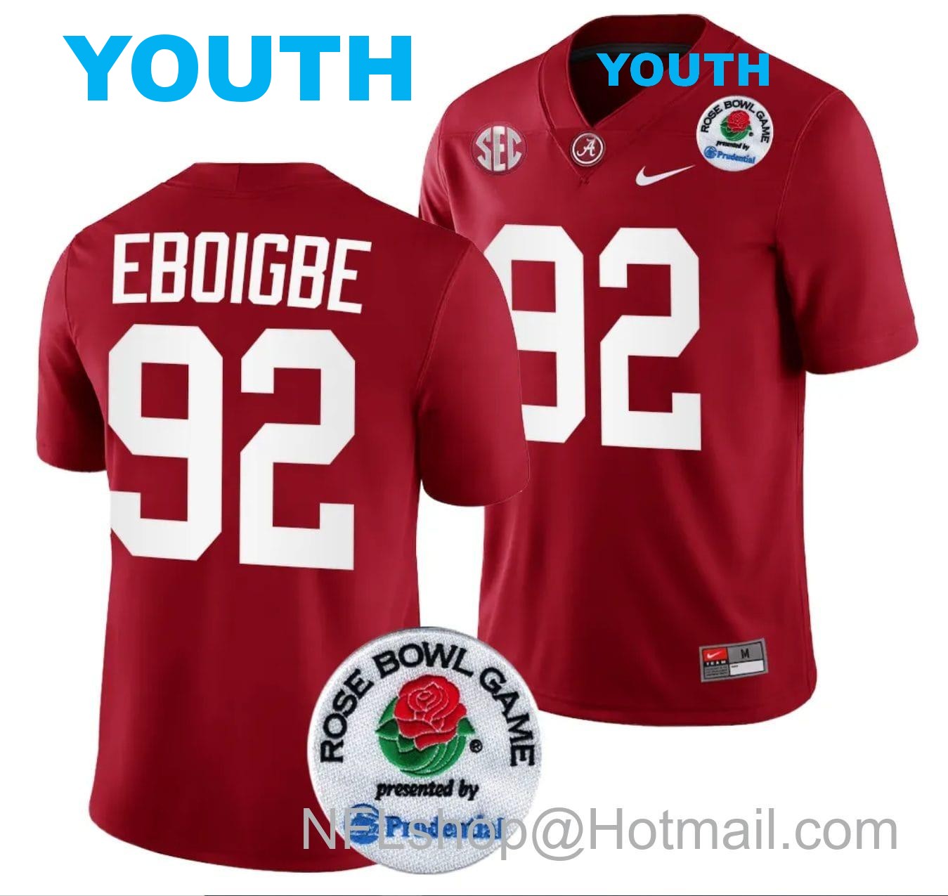 Nike Youth Justin Eboigbe Jersey #92 Alabama Crimson Tide Rose Bowl Game 2024 Patch College Football Playoff Crimson